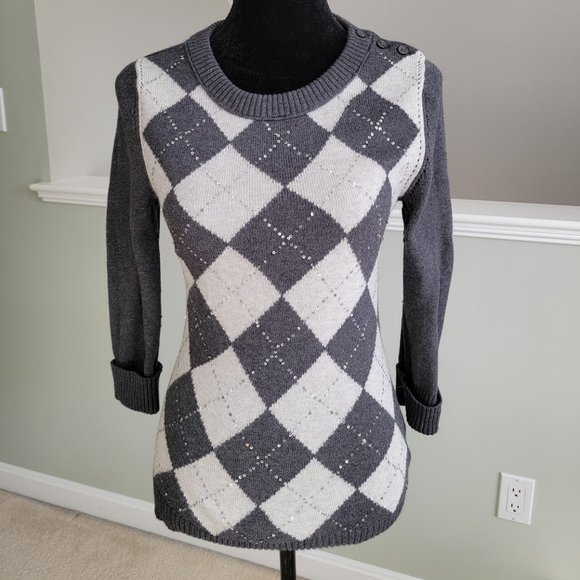 Banana Republic Silver Sequins Argyle Grey Sweater Size Small - Picture 1 of 7